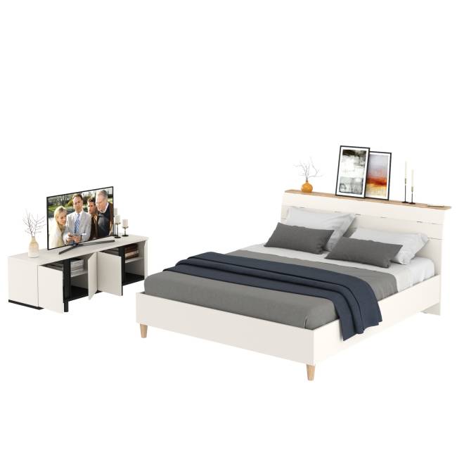 Кровать 11.41 Муссон 1600 с ортопедом и ТВ-тумба Квадро 13.276 цвет белый/чёрный/дуб эндгрейн элегантный