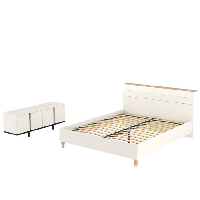 Кровать 11.41 Муссон 1600 с ортопедом и ТВ-тумба Квадро 13.276 цвет белый/чёрный/дуб эндгрейн элегантный