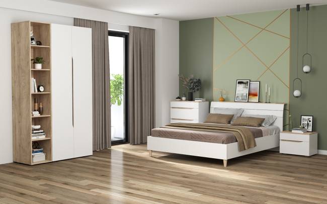 Двуспальная кровать Муссон с ортопедическим основанием цвет белый/дуб эндгрейн элегантный