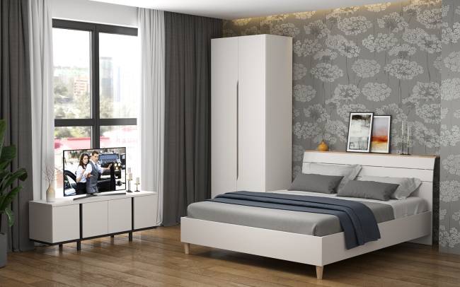 Двуспальная кровать Муссон с ортопедическим основанием цвет белый/дуб эндгрейн элегантный