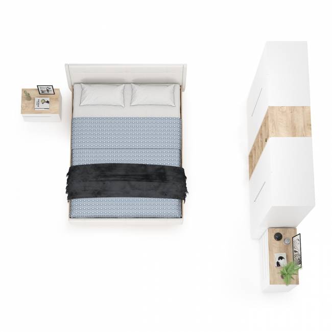 Мебель в спальню Муссон № 5 цвет белый/дуб эндгрейн элегантный/искусственная кожа белая, кровать с подъёмным механизмом 1600