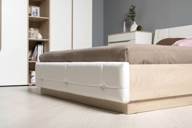 Мебель в спальню Муссон № 5 цвет белый/дуб эндгрейн элегантный/искусственная кожа белая, кровать с подъёмным механизмом 1600