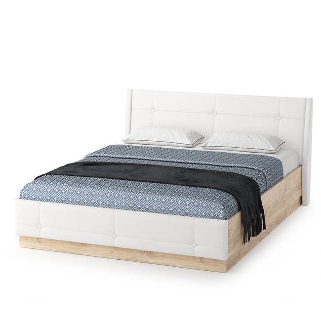 Мебель в спальню Муссон № 5 цвет белый/дуб эндгрейн элегантный/искусственная кожа белая, кровать с подъёмным механизмом 1600