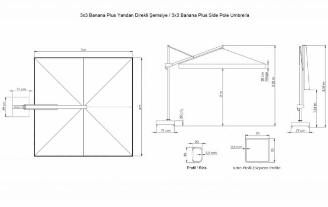 Зонт профессиональный 3х3 м Banana Plus черный, темно-серый 3000х3000 мм