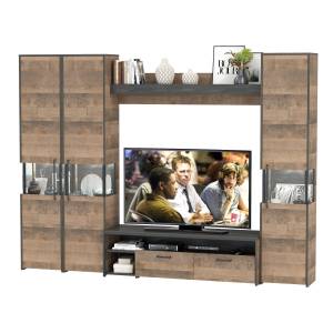 Три пенала-витрины в стиле лофт с подсветкой и тумба под ТВ Трувор цвет дуб гранж песочный/интра Три пенала-витрины в стиле лофт с подсветкой и тумба под ТВ Трувор цвет дуб гранж песочный/интра