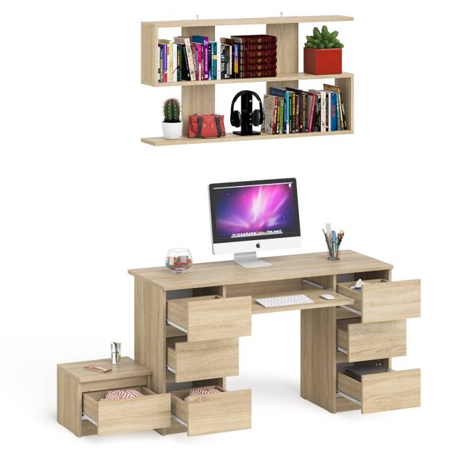 Двухтумбовый стол компьютерный Мори МС-2 с тумбочкой с ящиком и полкой на 1200 цвет дуб сонома