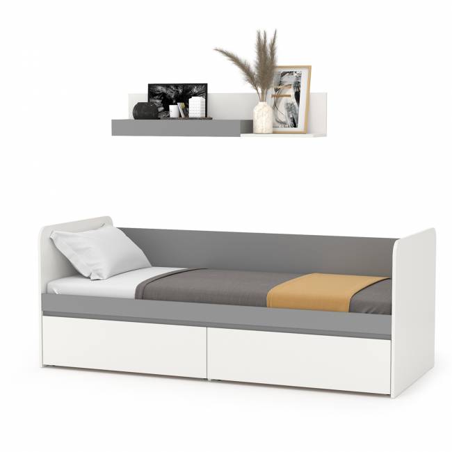 Детская кровать с ящиками Торонто с открытой полкой цвет белый шагрень/стальной серый Детская кровать с ящиками Торонто с открытой полкой цвет белый шагрень/стальной серый