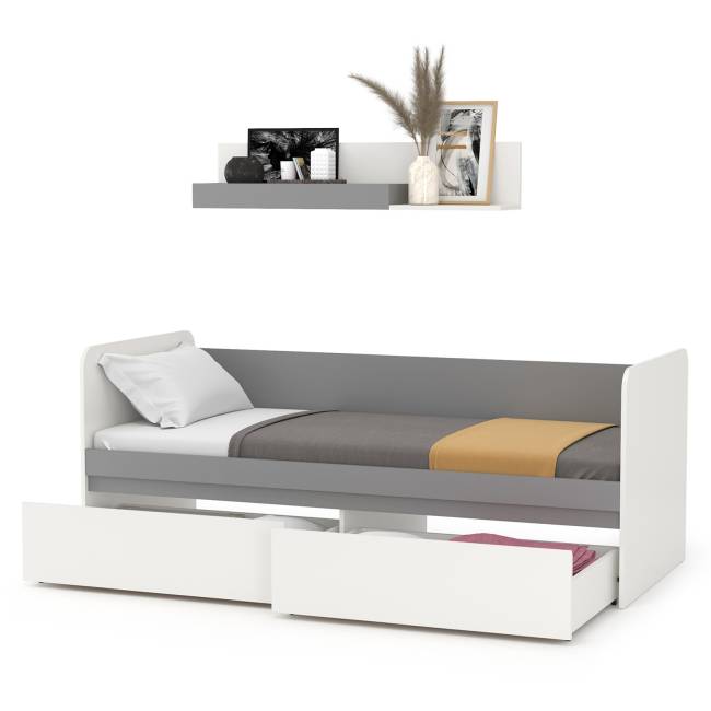 Детская кровать с ящиками Торонто с открытой полкой цвет белый шагрень/стальной серый Детская кровать с ящиками Торонто с открытой полкой цвет белый шагрень/стальной серый