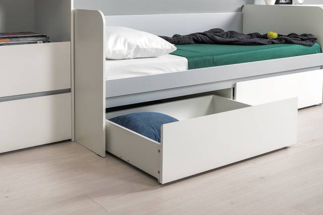 Детская кровать с ящиками Торонто с открытой полкой цвет белый шагрень/стальной серый Детская кровать с ящиками Торонто с открытой полкой цвет белый шагрень/стальной серый