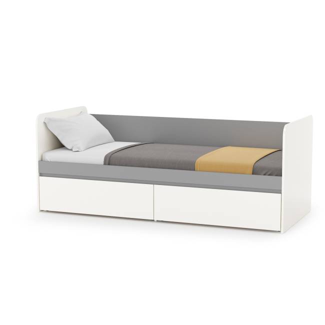 Детская кровать с ящиками Торонто с открытой полкой цвет белый шагрень/стальной серый Детская кровать с ящиками Торонто с открытой полкой цвет белый шагрень/стальной серый