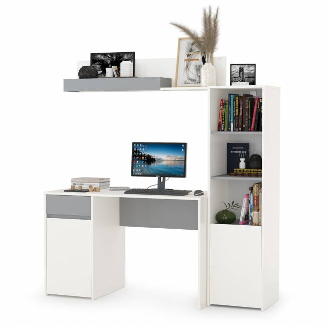 Стол Торонто с полкой и стеллажом цвет белый шагрень/стальной серый