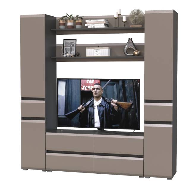 Два пенала Сидней с выдвижными ящиками и тумба для телевизора с двумя полочками цвет антрацит/МДФ веллюто капучино Два пенала Сидней с выдвижными ящиками и тумба для телевизора с двумя полочками цвет антрацит/МДФ веллюто капучино