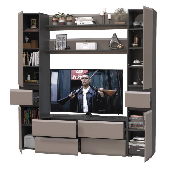 Два пенала Сидней с выдвижными ящиками и тумба для телевизора с двумя полочками цвет антрацит/МДФ веллюто капучино Два пенала Сидней с выдвижными ящиками и тумба для телевизора с двумя полочками цвет антрацит/МДФ веллюто капучино
