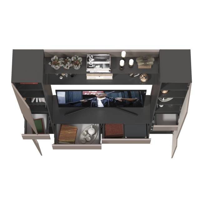 Два пенала Сидней с выдвижными ящиками и тумба для телевизора с двумя полочками цвет антрацит/МДФ веллюто капучино Два пенала Сидней с выдвижными ящиками и тумба для телевизора с двумя полочками цвет антрацит/МДФ веллюто капучино