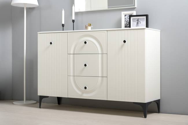 Пенал со стеклом и два комода под ТВ Валенсия цвет белый шагрень