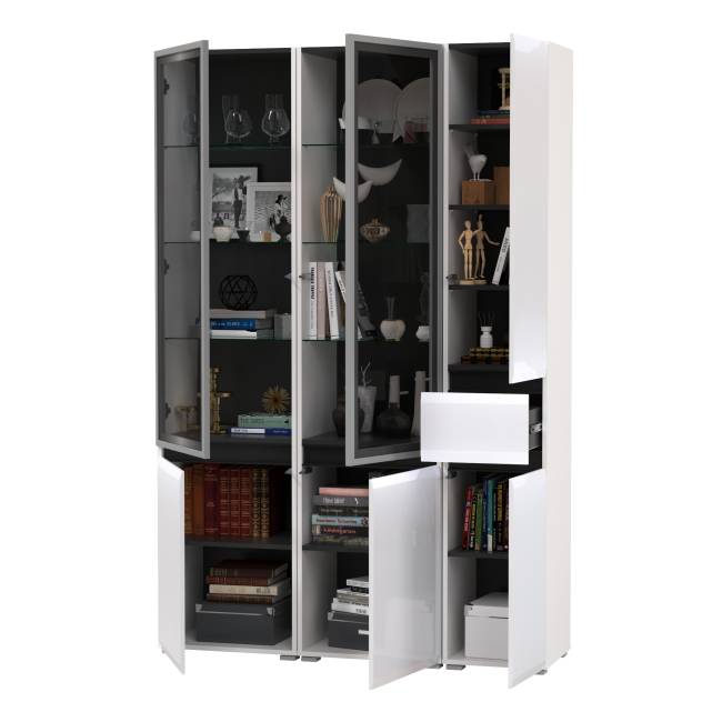 Горка для гостиной Сидней из шкаф-витрина 2 штуки и шкаф с ящиком 13.202 цвет белый/чёрный/МДФ белый глянец Горка для гостиной Сидней из шкаф-витрина 2 штуки и шкаф с ящиком 13.202 цвет белый/чёрный/МДФ белый глянец