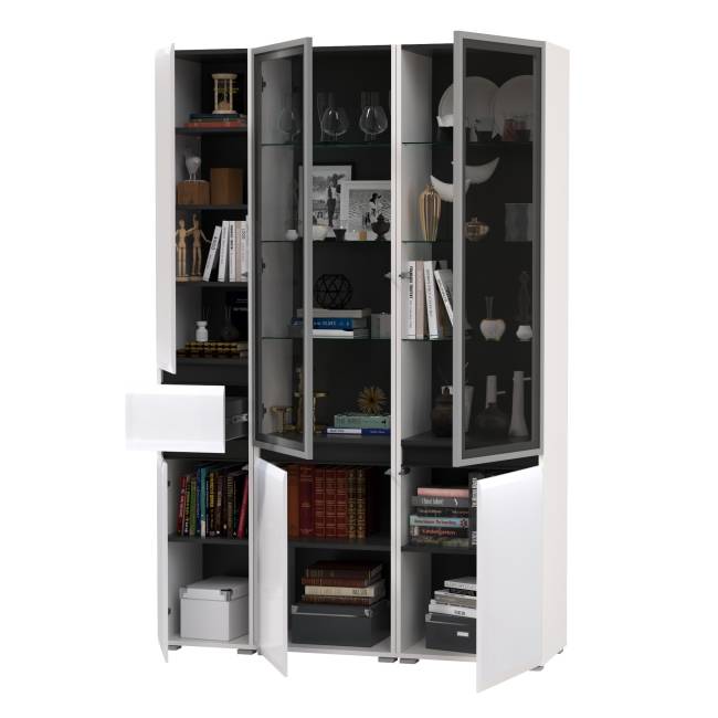 Горка для гостиной Сидней из шкаф-витрина 2 штуки и шкаф с ящиком 13.202 цвет белый/чёрный/МДФ белый глянец Горка для гостиной Сидней из шкаф-витрина 2 штуки и шкаф с ящиком 13.202 цвет белый/чёрный/МДФ белый глянец