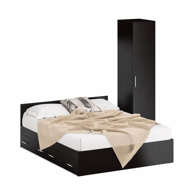 Двуспальная кровать с ящиками 1600 с пеналом Стандарт цвет венге