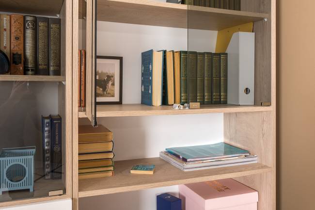 Набор стеллажей Бостон № 48 цвет дуб эндгрейн элегантный/фасады МДФ милк рикамо софт