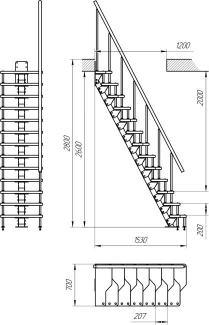Лестница малогабаритная на монокосоуре «Гусиный шаг» 2600-2800 мм цвет серый
