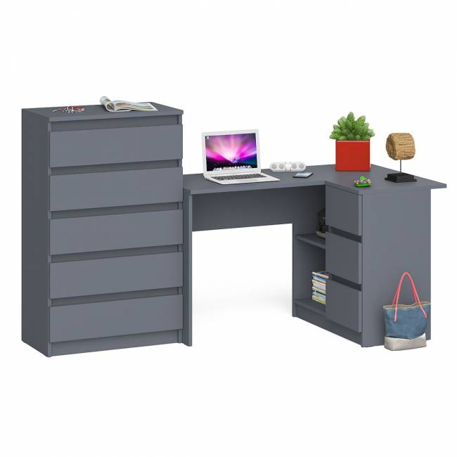 Высокий комод 700 пять ящиков и угловой компьютерный стол МС-16 правый серии Мори цвет графит Высокий комод 700 пять ящиков и угловой компьютерный стол МС-16 правый серии Мори цвет графит