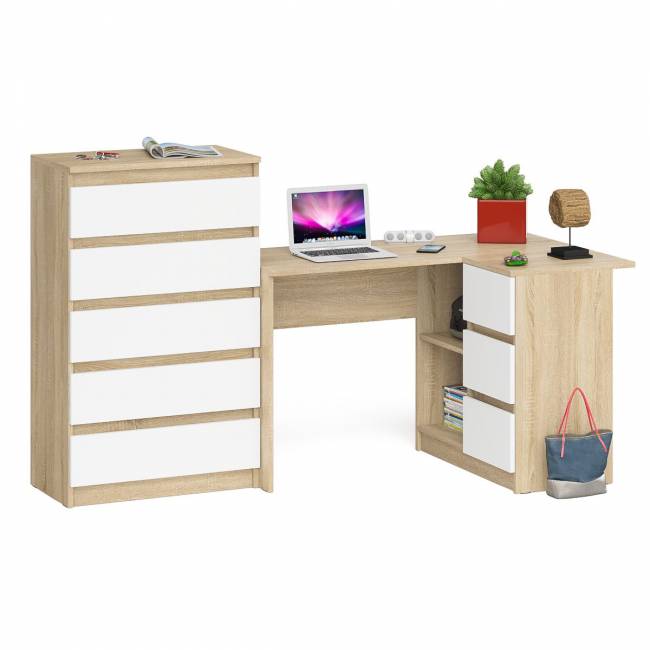 Высокий комод 700 пять ящиков и угловой компьютерный стол МС-16 правый серии Мори цвет дуб сонома/белый Высокий комод 700 пять ящиков и угловой компьютерный стол МС-16 правый серии Мори цвет дуб сонома/белый