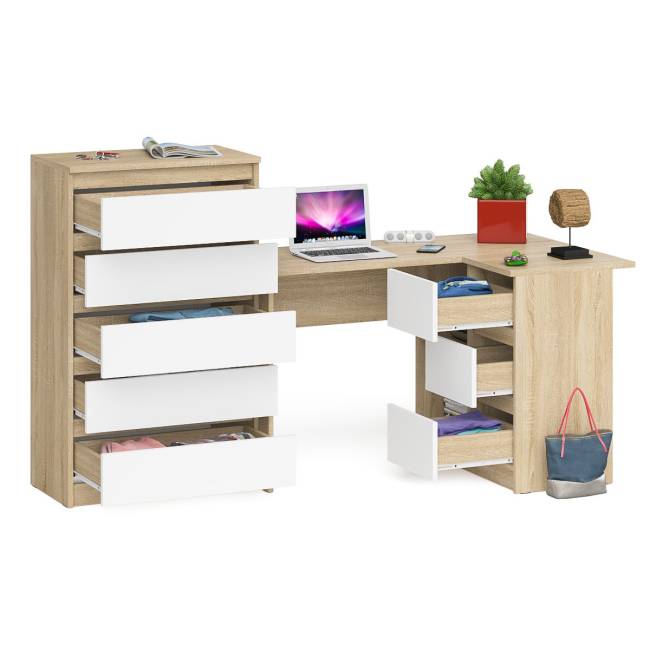 Высокий комод 700 пять ящиков и угловой компьютерный стол МС-16 правый серии Мори цвет дуб сонома/белый Высокий комод 700 пять ящиков и угловой компьютерный стол МС-16 правый серии Мори цвет дуб сонома/белый