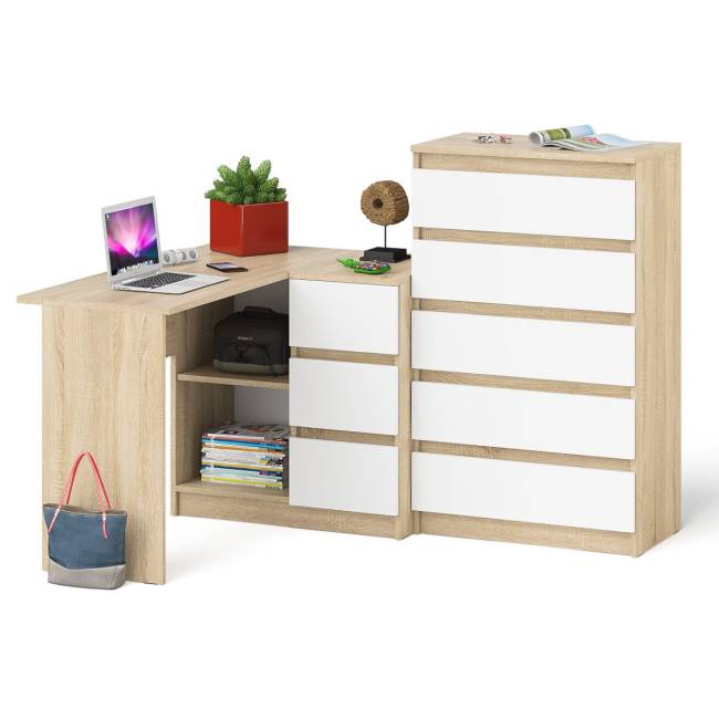 Высокий комод 700 пять ящиков и угловой компьютерный стол МС-16 правый серии Мори цвет дуб сонома/белый Высокий комод 700 пять ящиков и угловой компьютерный стол МС-16 правый серии Мори цвет дуб сонома/белый