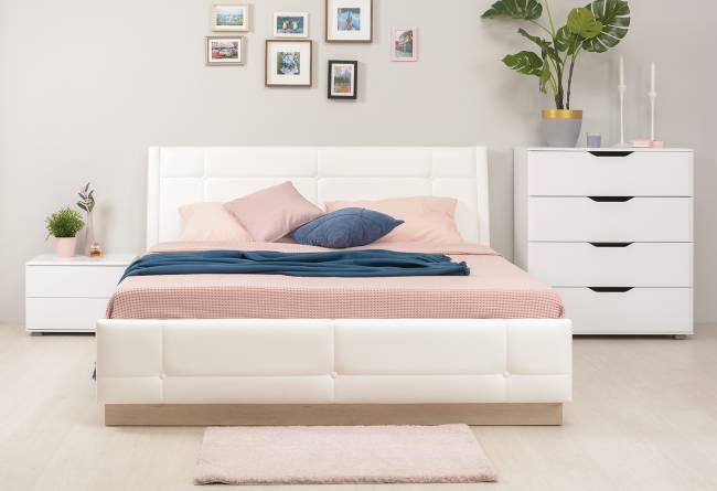 Кровать Муссон 11.28 цвет дуб эндгрейн элегантный/искусственная кожа белая