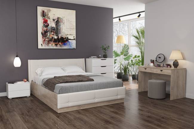 Кровать Муссон 11.28 цвет дуб эндгрейн элегантный/искусственная кожа белая