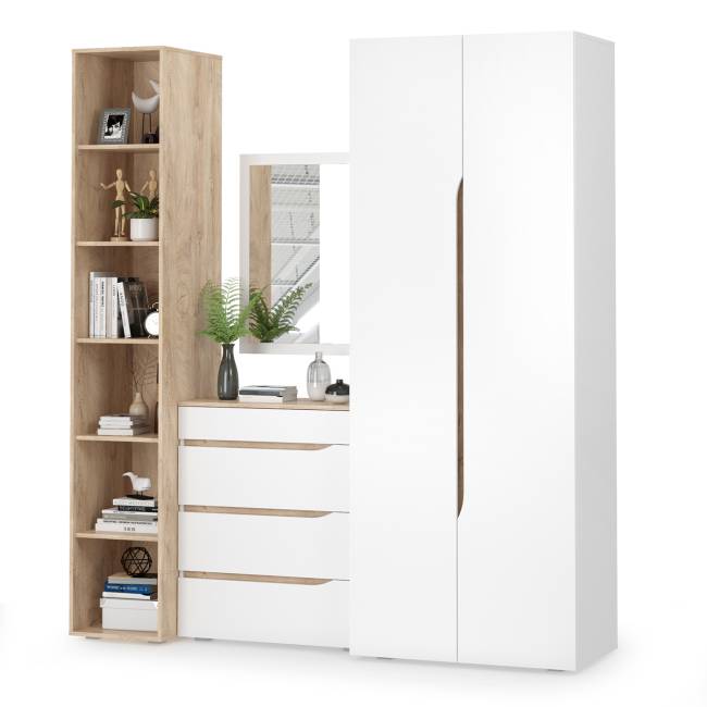 Комплект Муссон Шкаф + Стеллаж + Комод + Зеркало цвет белый/дуб эндгрейн элегантный