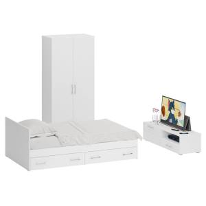 Спальня белая Стандарт № 3 с кроватью 1200 с ящиками цвет белый/фасады ТВ тумбы МДФ белый глянец Спальня белая Стандарт № 3 с кроватью 1200 с ящиками цвет белый/фасады ТВ тумбы МДФ белый глянец