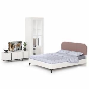 Кровать двуспальная Валенсия со шкафом и ТВ тумбой Квадро цвет белый шагрень/чёрный/ткань велутто 19