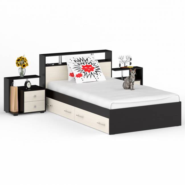 Кровать с ящиками 1200 Камелия + две тумбы цвет венге/дуб лоредо
