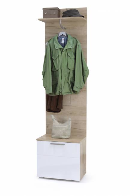 Тумба для обуви с вешалкой Лайн цвет дуб крафт серый/фасады МДФ белый глянец