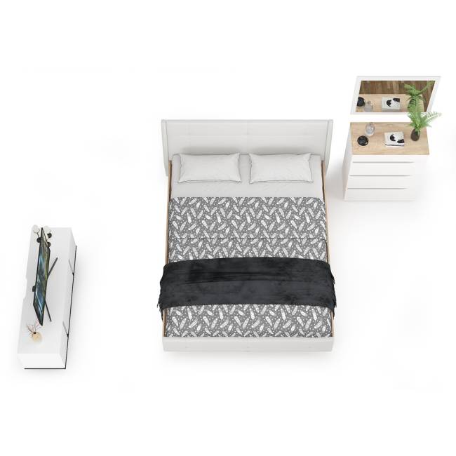 Муссон Кровать 1600 с подъёмным механизмом с тумбой TV 13.276 и зеркалом СВК цвет белый/чёрный/дуб эндгрейн элегантный/кожзам белый