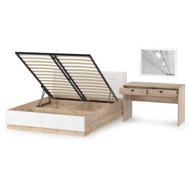 Кровать Муссон с подъёмным ортопедом и стол Бостон с зеркалом цвет белый/дуб эндгрейн элегантный/кожзам белый