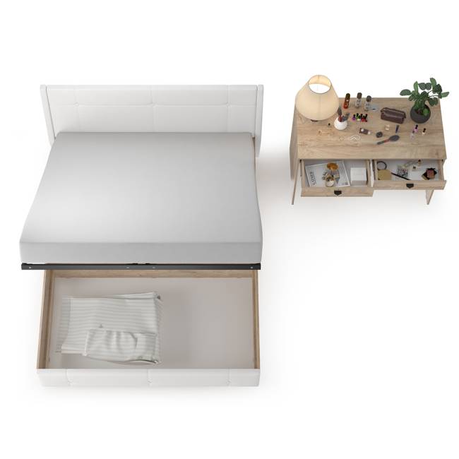 Кровать Муссон с подъёмным основанием и туалетным столиком цвет дуб эндгрейн элегантный/искусственная кожа белая