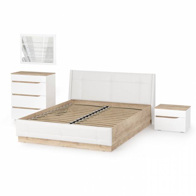Кровать с подъёмным ортопедом Муссон 1600 с тумбочкой и комодом с зеркалом СВК цвет белый/дуб эндгрейн элегантный/кожзам белый