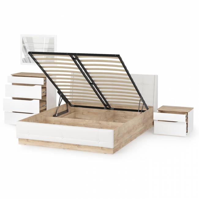 Кровать с подъёмным ортопедом Муссон 1600 с тумбочкой и комодом с зеркалом СВК цвет белый/дуб эндгрейн элегантный/кожзам белый