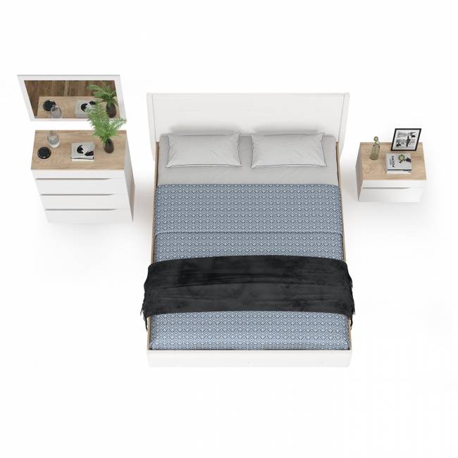 Кровать с подъёмным ортопедом Муссон 1600 с тумбочкой и комодом с зеркалом СВК цвет белый/дуб эндгрейн элегантный/кожзам белый