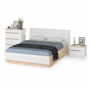 Комплект Кровать Муссон 11.28 + подъёмный ортопед + Тумба 16.03 + Комод 13.97 цвет белый/дуб эндгрейн элегантный/кожзам белый