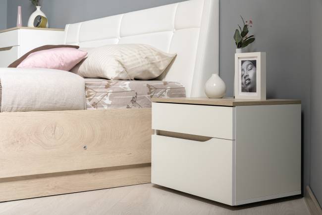 Комплект Кровать Муссон 11.28 + подъёмный ортопед + Тумба 16.03 + Комод 13.97 цвет белый/дуб эндгрейн элегантный/кожзам белый