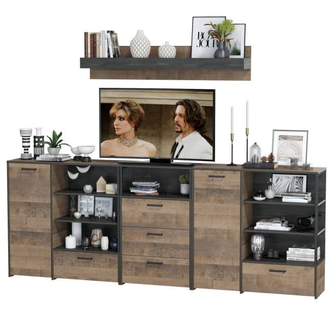 Два комода с дверкой и ящиком с навесной полкой и комодом с тремя ящиками Трувор цвет дуб гранж песочный/интра Два комода с дверкой и ящиком с навесной полкой и комодом с тремя ящиками Трувор цвет дуб гранж песочный/интра