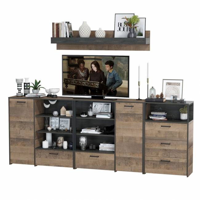 Два комода с дверкой и ящиком с навесной полкой и комодом с тремя ящиками Трувор цвет дуб гранж песочный/интра Два комода с дверкой и ящиком с навесной полкой и комодом с тремя ящиками Трувор цвет дуб гранж песочный/интра