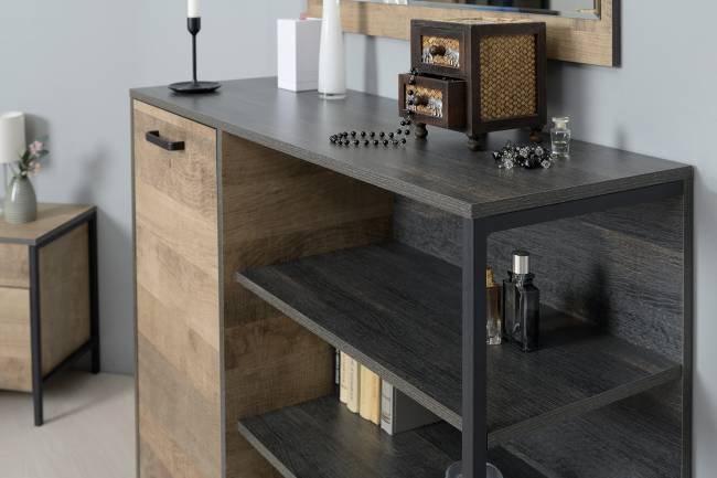 Два комода с дверкой и ящиком с навесной полкой и комодом с тремя ящиками Трувор цвет дуб гранж песочный/интра Два комода с дверкой и ящиком с навесной полкой и комодом с тремя ящиками Трувор цвет дуб гранж песочный/интра