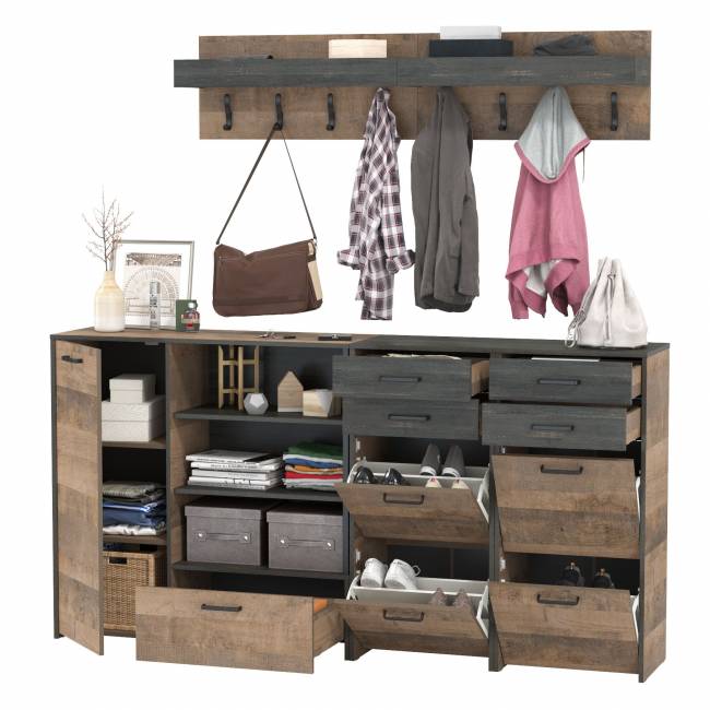 Две вешалки для одежды с полкой с двумя тумбами для обуви и комодом-тумбой с дверкой Трувор цвет дуб гранж песочный/интра Две вешалки для одежды с полкой с двумя тумбами для обуви и комодом-тумбой с дверкой Трувор цвет дуб гранж песочный/интра
