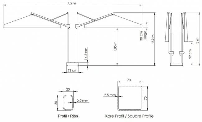 Зонт профессиональный двухкупольный 7.5х3 м Banana Plus Double 7500х3000 мм