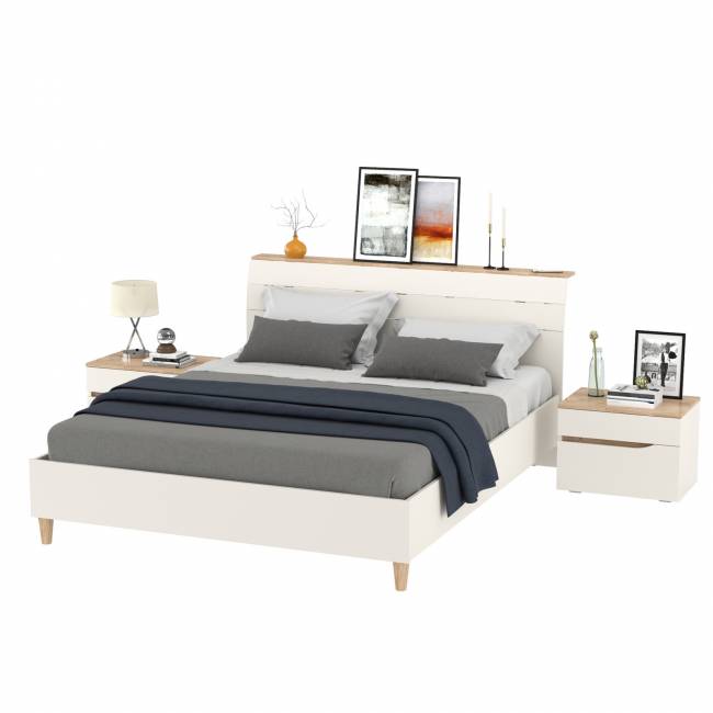 Две прикроватных тумбочки и кровать с основанием 1600 Муссон 11.41 цвет белый/дуб эндгрейн элегантный