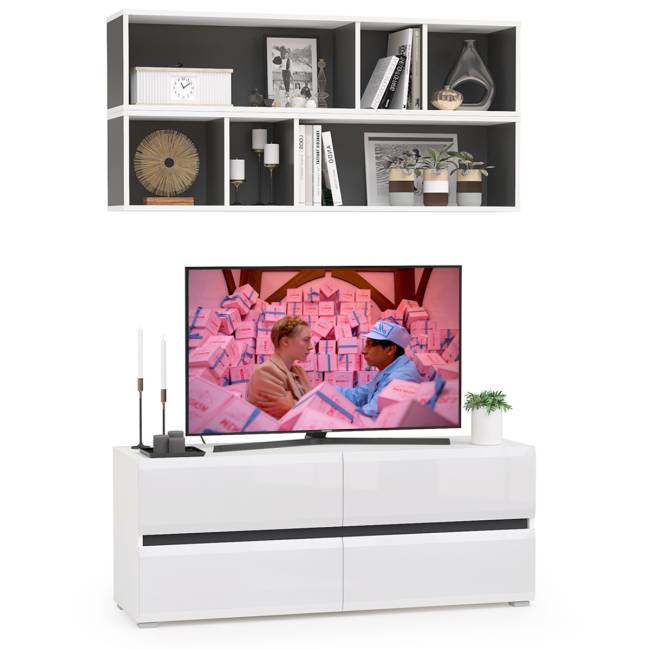 Тумба для ТВ с двумя полками Сидней цвет белый/чёрный/фасады МДФ белый глянец
